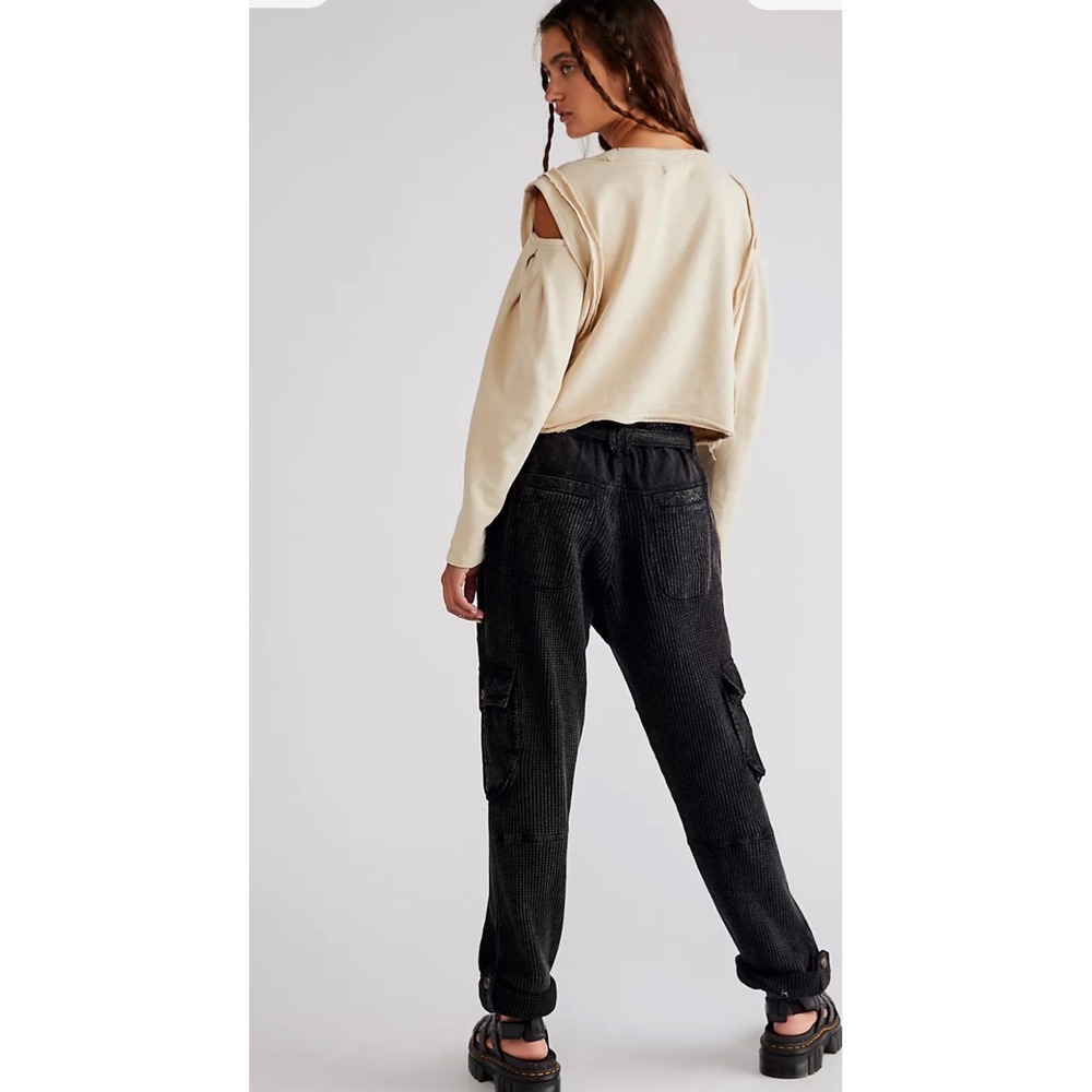 Free People FP One Waffle Knit Cargo Pants Washed Black Thermal Joggers XS Boho - Picture 2 of 9